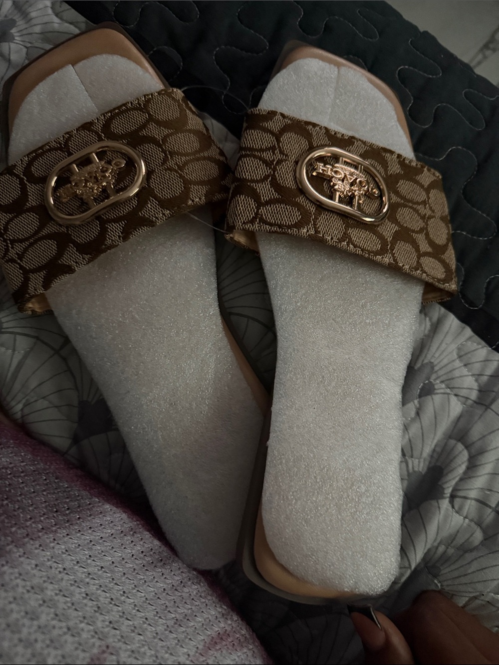 Coach Brown Signature Slide Sandals with Gold Logo